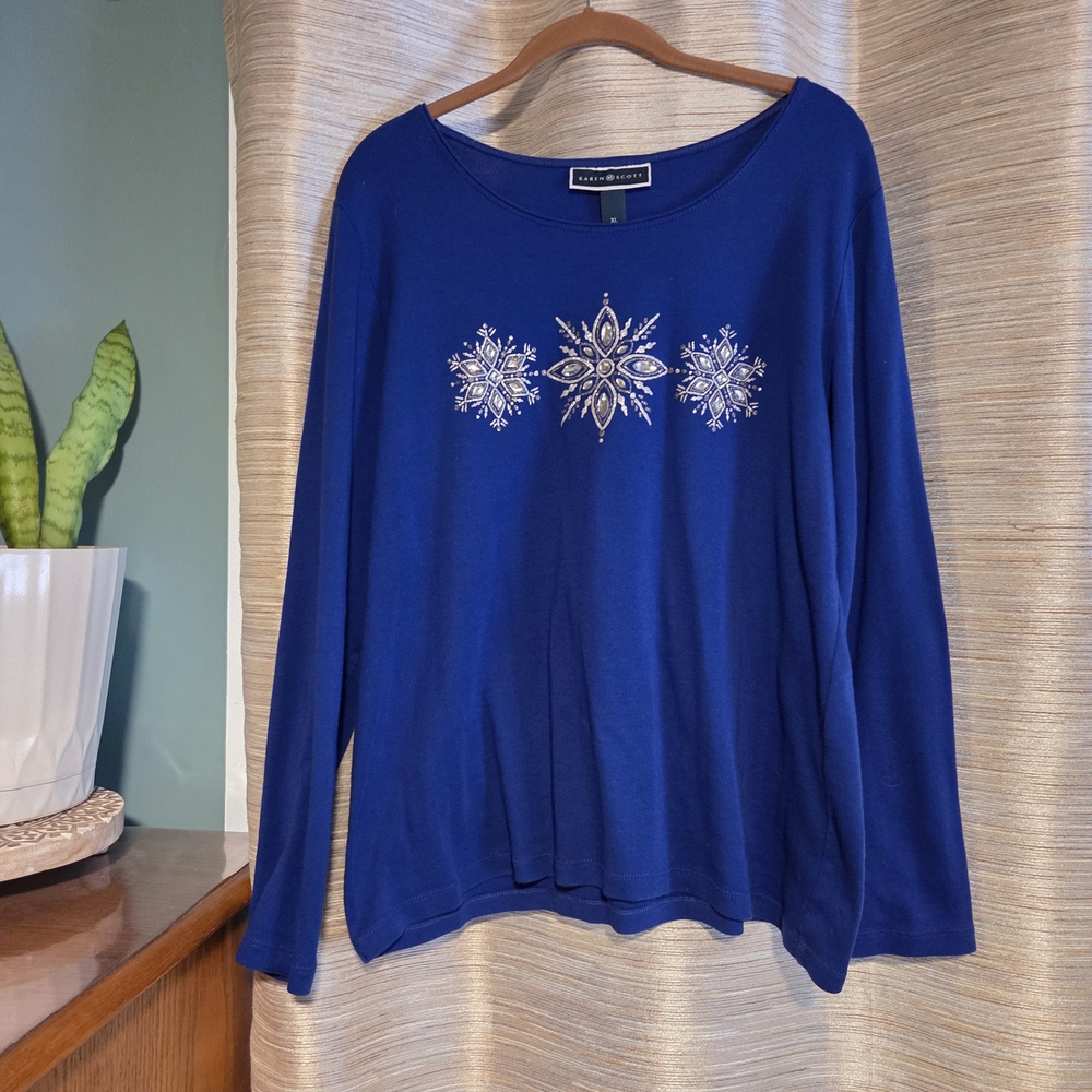 Karen Scott Royal Blue Long Sleeve Top with Silver Accents